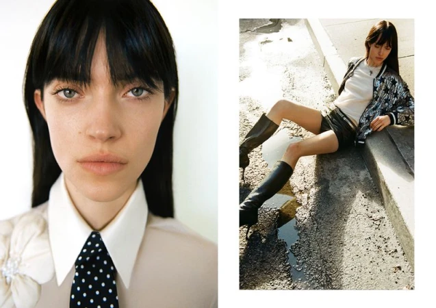 Woman with dark hair poses in split screen fashion shot. One side a headshot with tie. Other side, she sits in a metallic jacket.