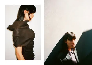 Diptych of a female model with dark hair wearing a dark sculptural top and blazer in minimalist settings