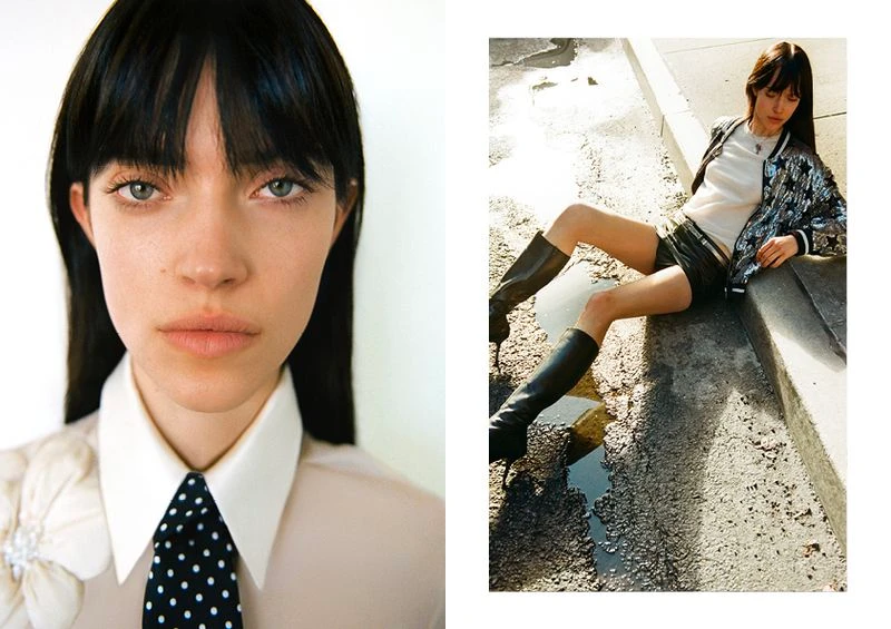 Diptych editorial featuring a close-up portrait of a woman in a polka dot tie alongside a shot of her seated outdoors in knee-high boots.
