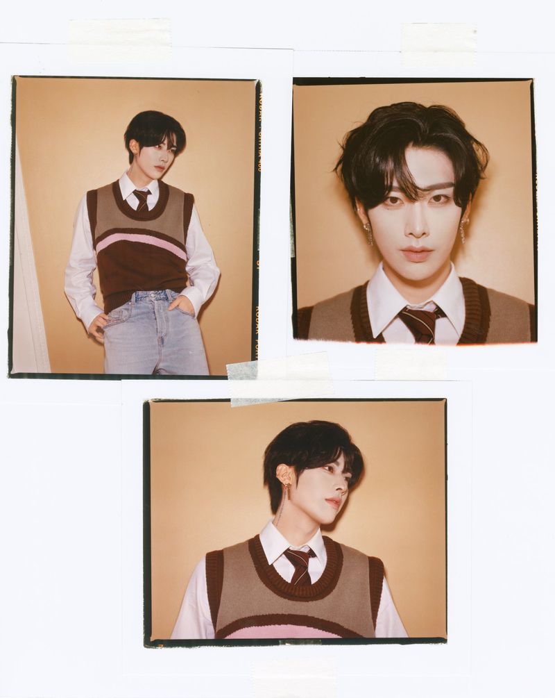 Collage of a young adult in a sweater vest and dress shirt, striking various poses against a peach background.