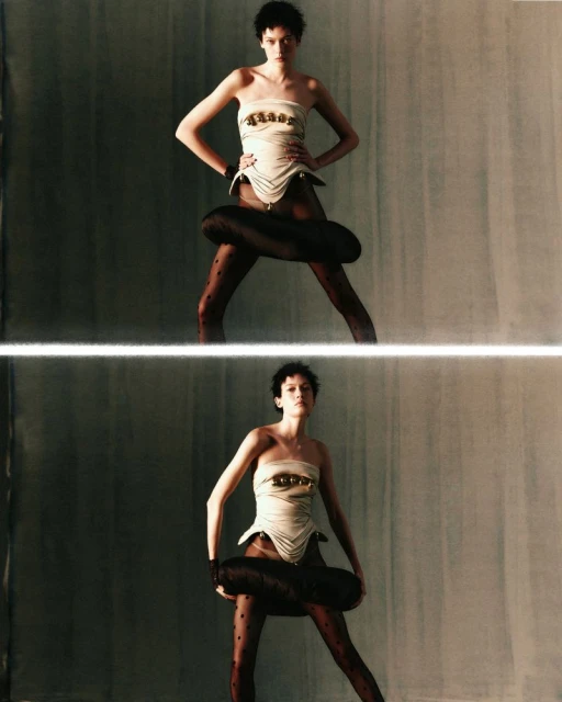 A woman poses in avant-garde fashion featuring a strapless corset, patterned tights, and a unique black tube around her hips.