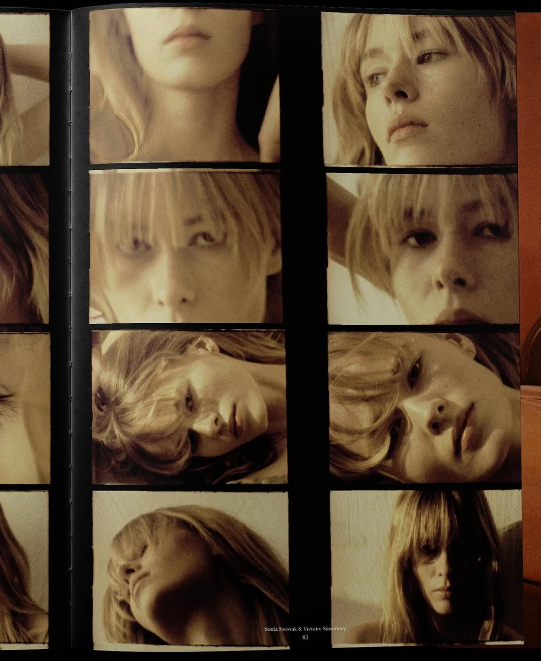 Film strip showing the close-up faces of a blond-haired woman in various poses, displayed as a contact sheet, sepia tone, indoor setting.