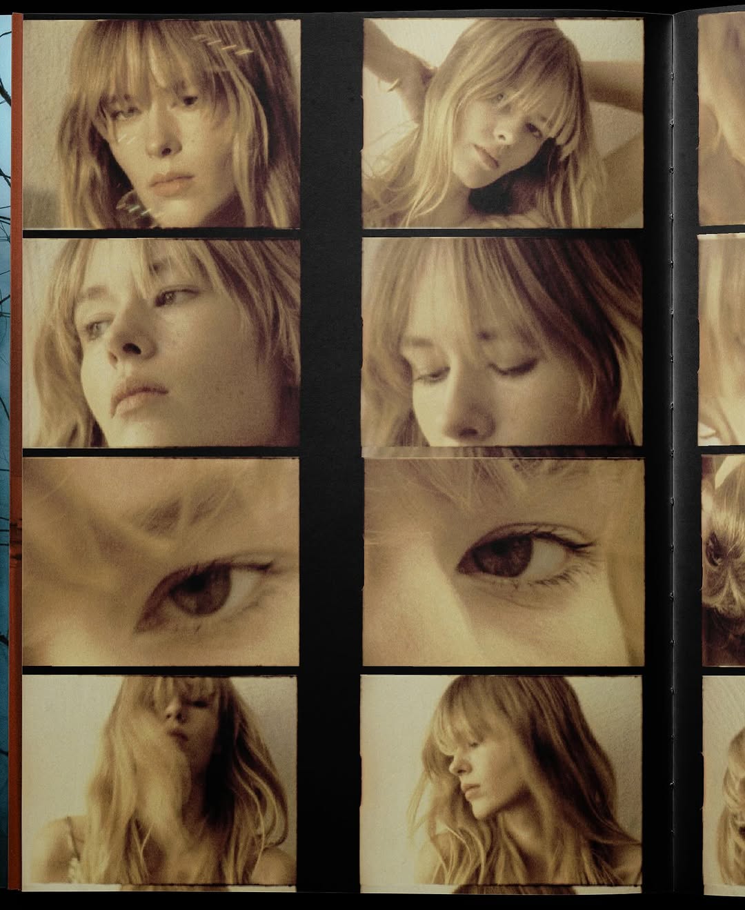 Film strip of a blonde female with bangs in various poses and close-ups. Retro color grading and shallow depth of field evoke an intimate feel.