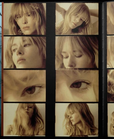 Film strip of a blonde female with bangs in various poses and close-ups. Retro color grading and shallow depth of field evoke an intimate feel.