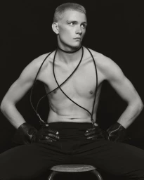 Monochrome portrait of a shirtless male model wearing leather gloves and thin straps draped across his chest.