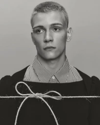 Close-up portrait of a young man with short blonde hair wearing a striped shirt bound by twine tied in a bow