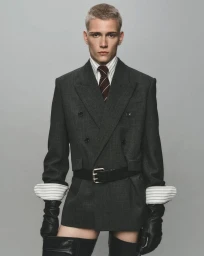 Portrait of a male model wearing a grey double-breasted blazer, striped shirt, tie, and black leather gloves against a grey background.