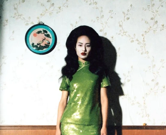 An Asian woman in a green sequin dress poses indoors against a floral wallpaper backdrop, styled with dark, wavy hair and bright red lipstick.