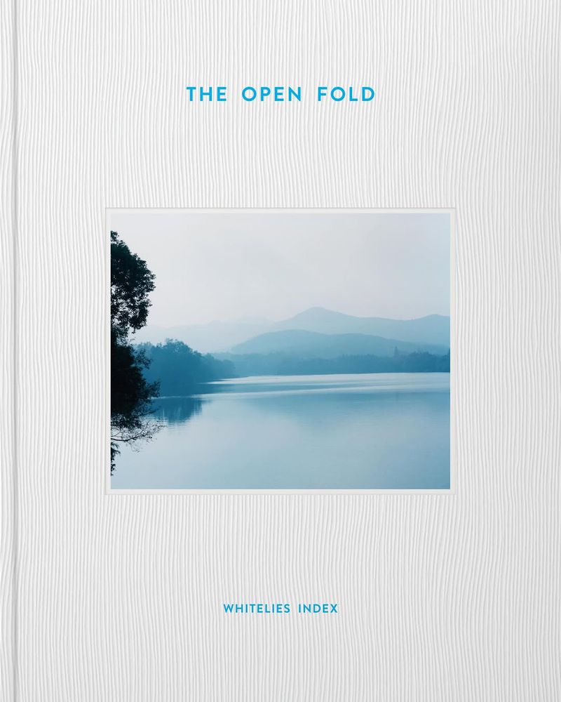 Textured white book cover titled The Open Fold in blue lettering with an inset photograph of a misty lake and mountains.