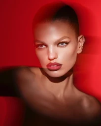 Model Daphne Groeneveld posing with bold winged eyeliner and dark lipstick surrounded by red motion blur against a red backdrop.