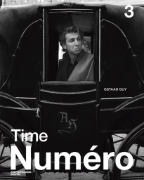 Black and white portrait of a man looking out from inside a vintage horse-drawn carriage for Numero Switzerland