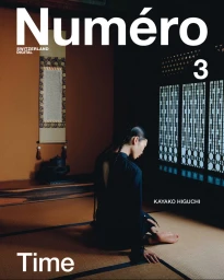 Model seated on a tatami mat indoors in traditional attire, featured on Numéro Switzerland Digital September 2025 covers.