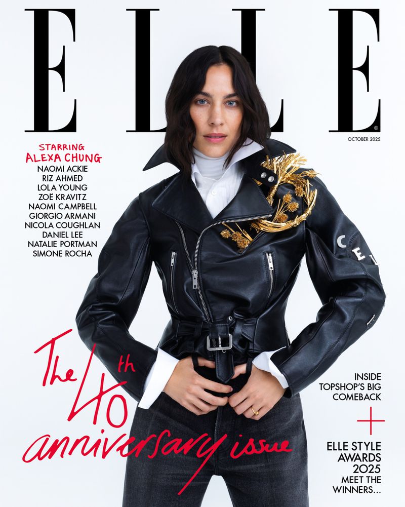 Elle UK cover featuring Rosie Huntington-Whiteley in a brown leather coat, with black text overlay against a red background.