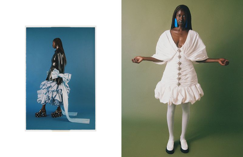 Two fashion photos featuring a Black female model in blue and white outfits. Studio lighting, vibrant color palette.