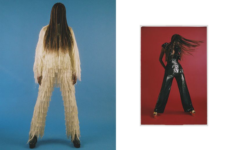 Fashion shoot featuring an adult female model in a fringed outfit against a blue backdrop and another in a dark outfit on red.