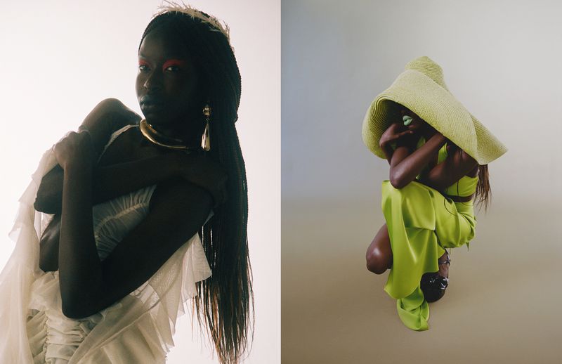 Dual portrait of a black woman in fashion poses: one in white ruffles with a gold necklace, the other in green with a wide-brimmed hat.