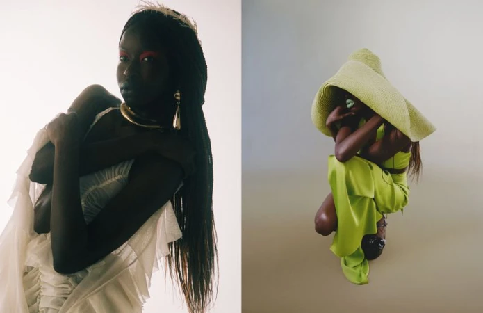Dual portrait of a black woman in fashion poses: one in white ruffles with a gold necklace, the other in green with a wide-brimmed hat.