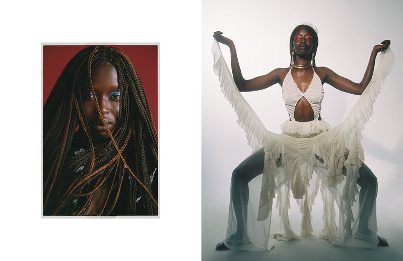 Fashionable portrait of a woman with dark skin, long braids, and blue eyeshadow against a red backdrop, and a model in a white outfit.