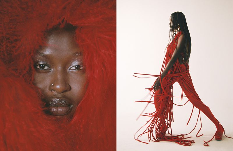 Split-screen fashion portrait: striking African-American woman in red fur; full body shot of woman in red fringed outfit, walking in studio.
