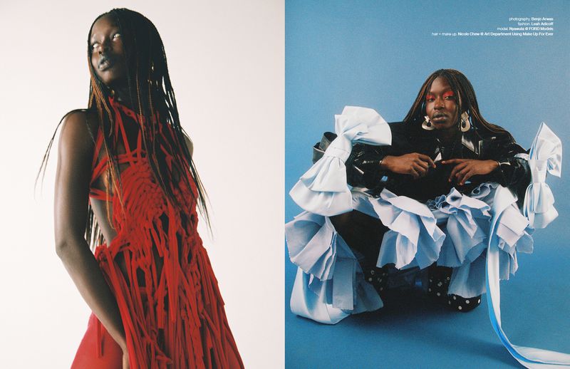 Two dark-skinned models in red and blue dresses pose in separate frames against neutral backgrounds for a fashion editorial.