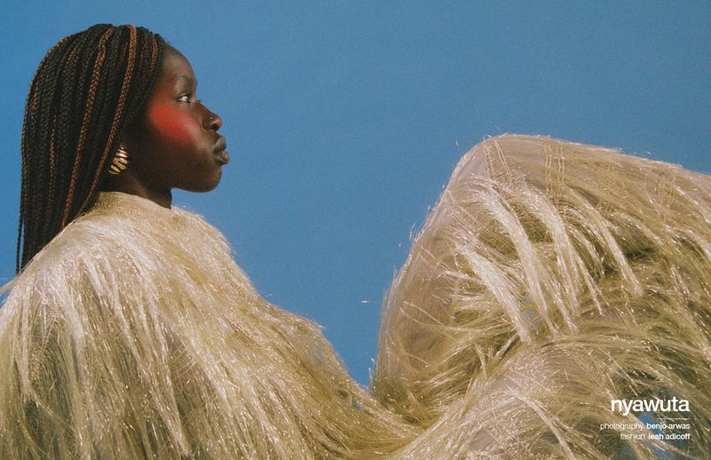 Profile of African woman with braids and gold fringe garment against a blue background, face paint, and gold earrings.