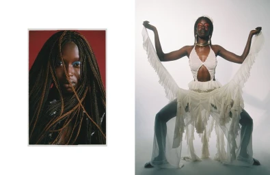 Editorial fashion diptych featuring a Black woman with long braids in a close-up portrait and posing in a draped white ruffled outfit.