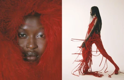Diptych featuring a Black woman in a voluminous red textured hood alongside a full-length profile in a red fringed string jumpsuit.