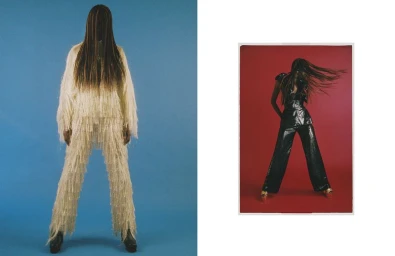 Two-panel fashion editorial featuring a model in a cream fringed suit on blue backdrop and another in black vinyl on red backdrop.
