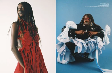 Diptyque fashion editorial featuring black female model with braided hair wearing red structural dress and blue outfit