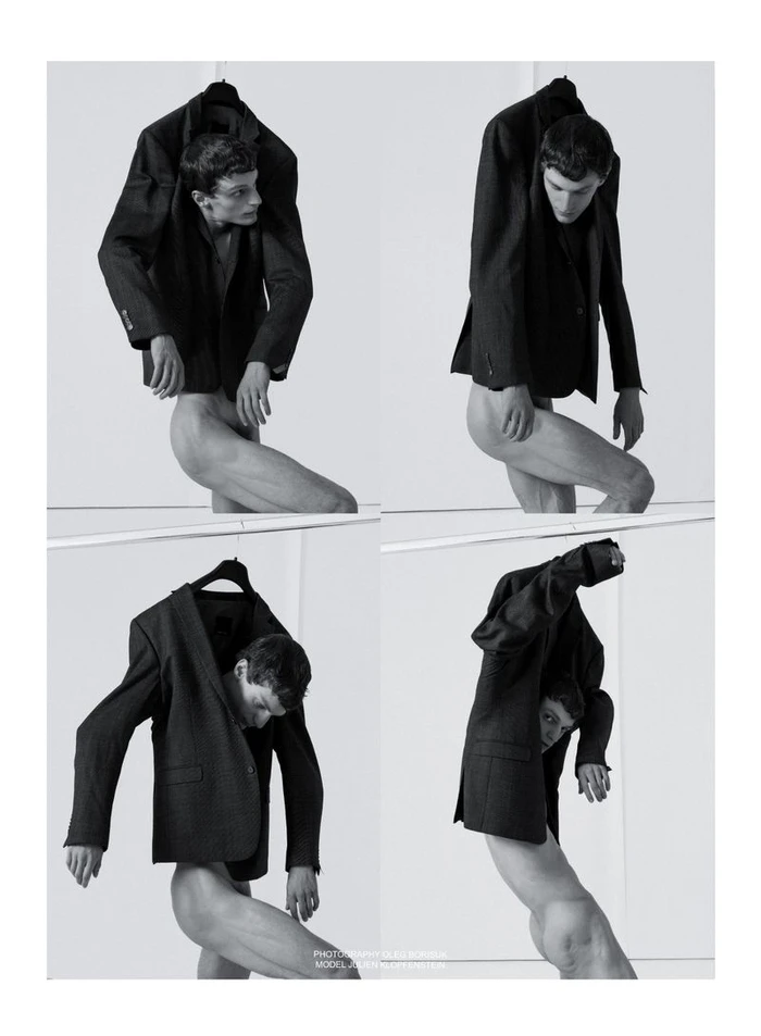 Four-panel editorial photo of a man in dynamic sculptural poses interacting with a dark blazer on a hanger against a white backdrop.
