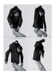 Four-panel editorial photo of a man in dynamic sculptural poses interacting with a dark blazer on a hanger against a white backdrop.