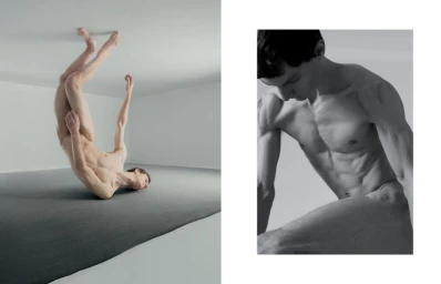 Diptych editorial photo featuring a contorted male figure in a minimalist room alongside a close-up portrait of his muscular torso.