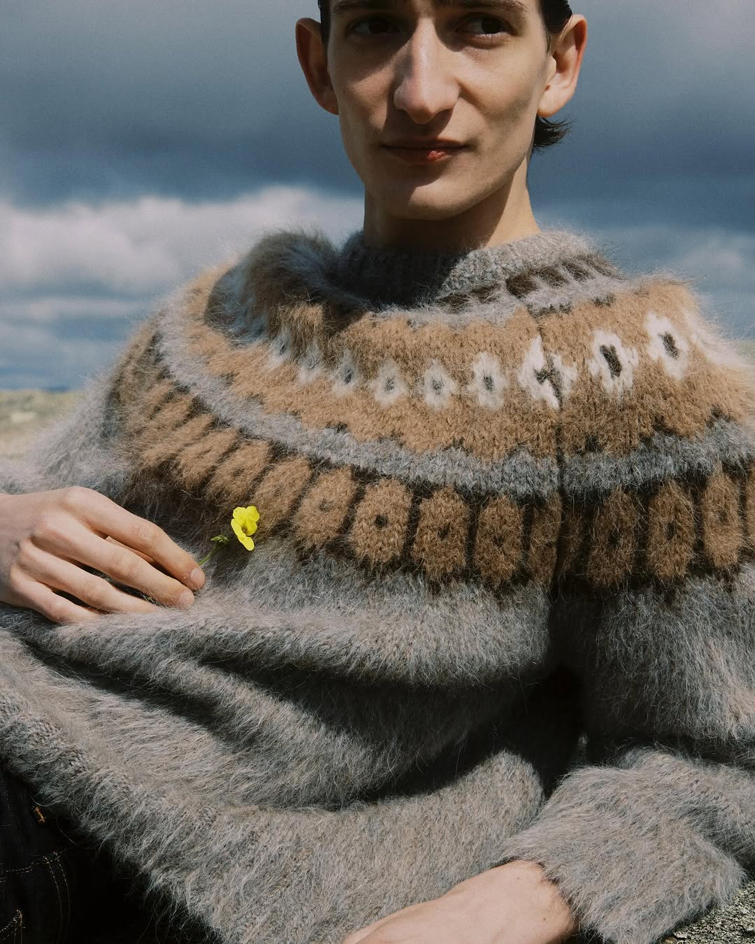Man wearing a textured grey and brown patterned sweater holding a small yellow flower outdoors under an overcast sky