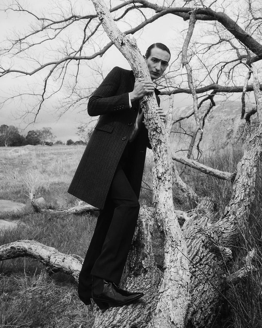 Adult male fashion model in an overcoat poses on a tree branch in a black and white outdoor fashion editorial shot.