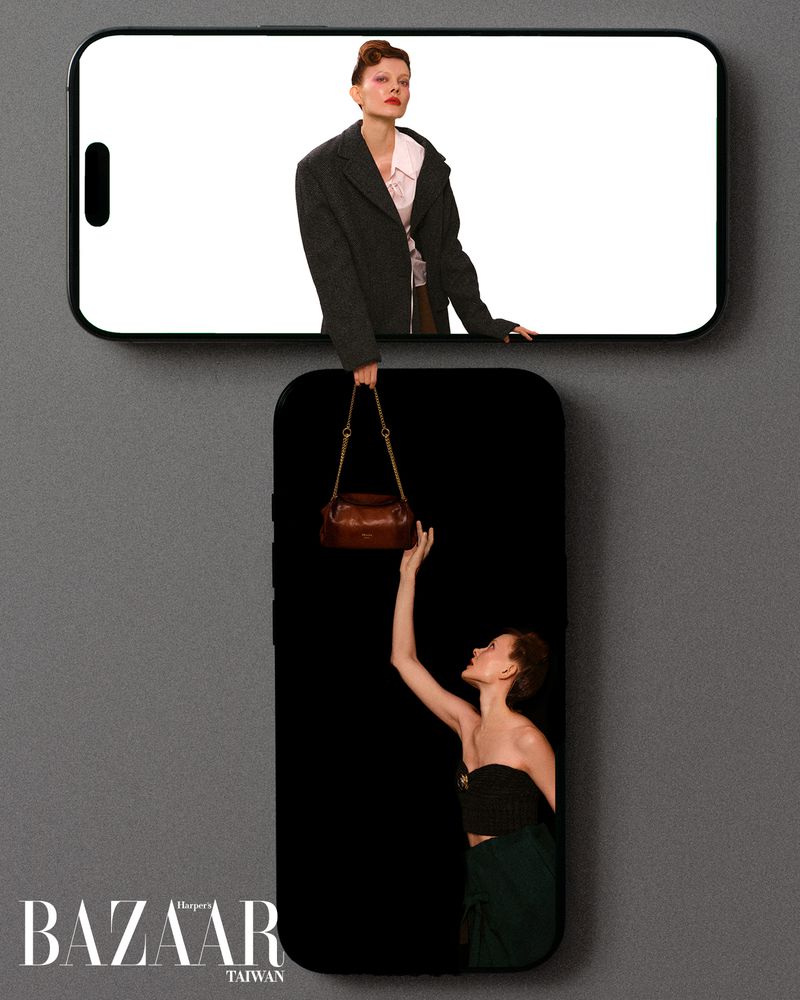 Fashion editorial shot featuring a woman on a smartphone screen, interacting with a handbag held by another woman on a second screen.