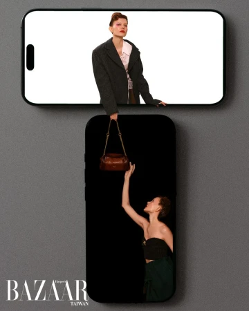 Fashion editorial shot featuring a woman on a smartphone screen, interacting with a handbag held by another woman on a second screen.