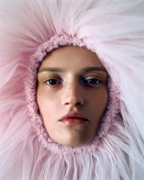 Close-up portrait of a woman framed inside a voluminous pale pink ruffled tulle headpiece for Silhouette Magazine.