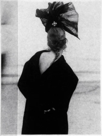 Back view of a woman with an elaborate black headpiece and elegant dark coat against a neutral background, creating a classic, high-fashion aesthetic.