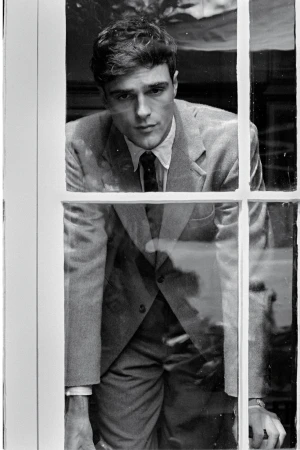 Jacob Elordi wearing a suit and tie looking through a multi-pane window in a black and white editorial portrait.