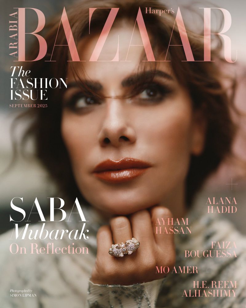 Magazine cover featuring Saba Mubarak in close-up with a diamond ring, promoting the Fashion Issue for September 2025.