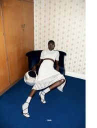 Model seated on a dark velvet chair against patterned wallpaper wearing a white two-piece skirt set and strappy sandals for 10 Australia.