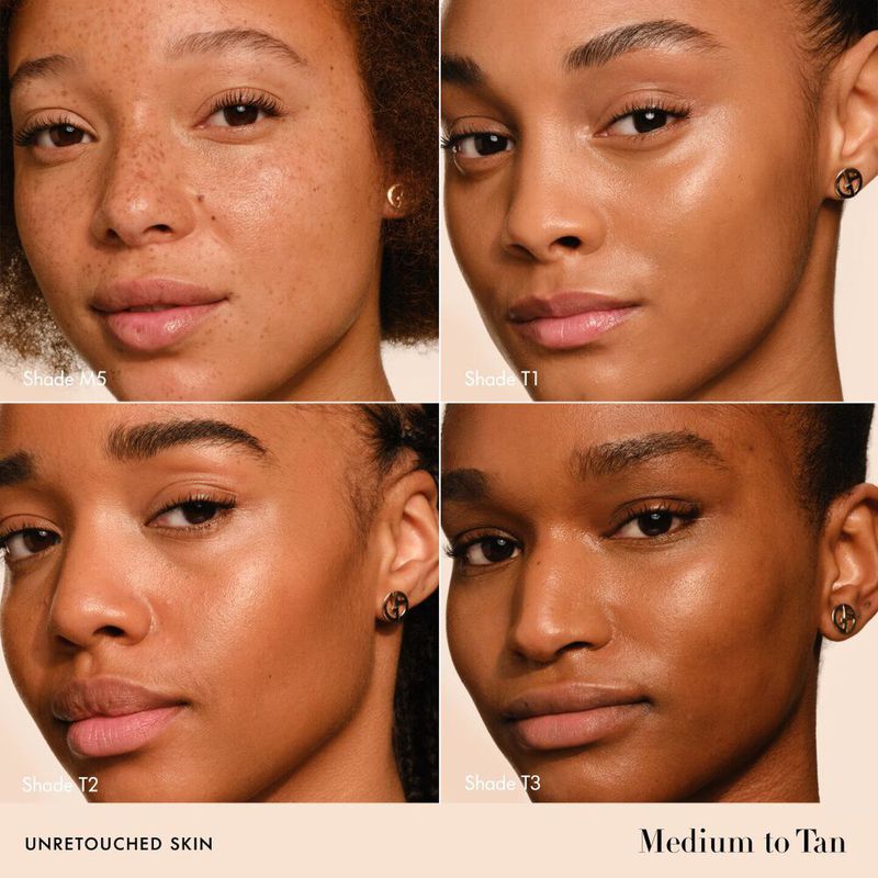 Four panels showcase different shades of makeup on diverse women. The images highlight skin tones from light to tan, demonstrating coverage.