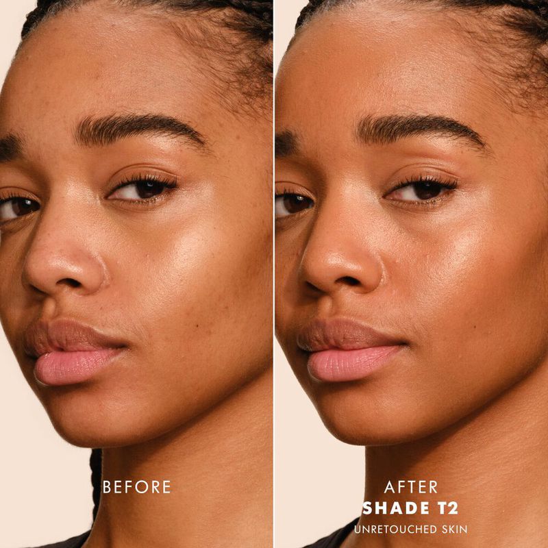 Close-up comparison of a woman's face before and after using beauty product, highlighting skin tone and texture differences.