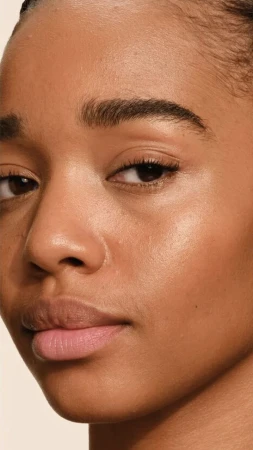 Extreme close-up beauty portrait of a Black woman with radiant, dewy skin and defined eyebrows against a light backdrop.
