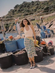 Model Marimar Cardenas holding a fish on a stone fishing dock wearing a cream halter top, patterned midi skirt, and lace-up flats.