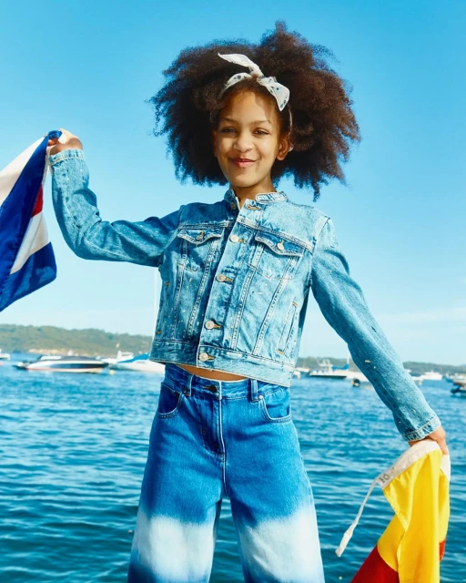 Young girl in denim jacket and dip-dye jeans poses on a boat with nautical flags, bright blue sky and water, sunny day, outdoors.