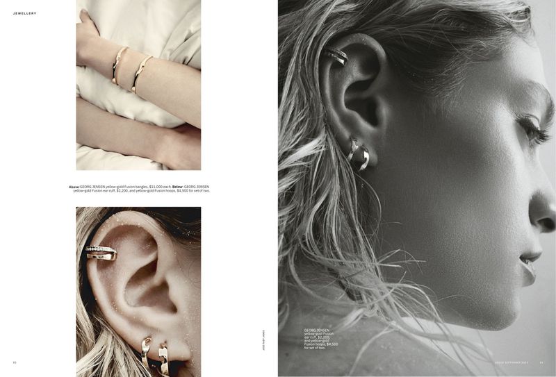Close-up fashion editorial featuring a blonde woman's profile with silver hoop earrings and ear cuff, plus arm and ear jewelry.