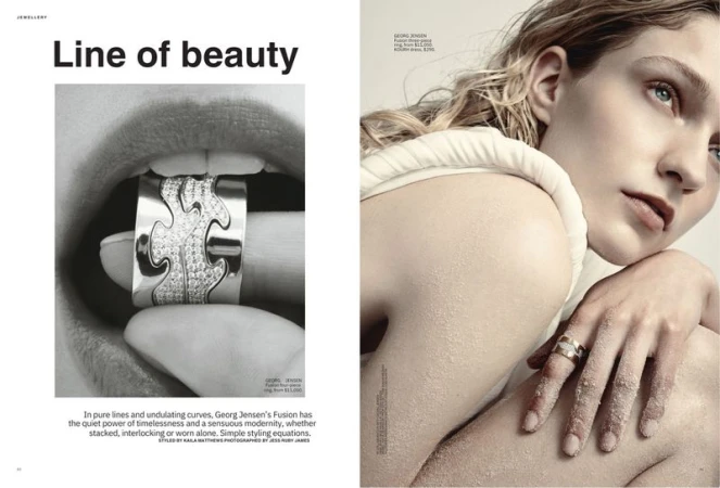 Close-up shot of jewelry featuring a Georg Jensen puzzle ring held between lips; another woman wears ring, neutral background. 
