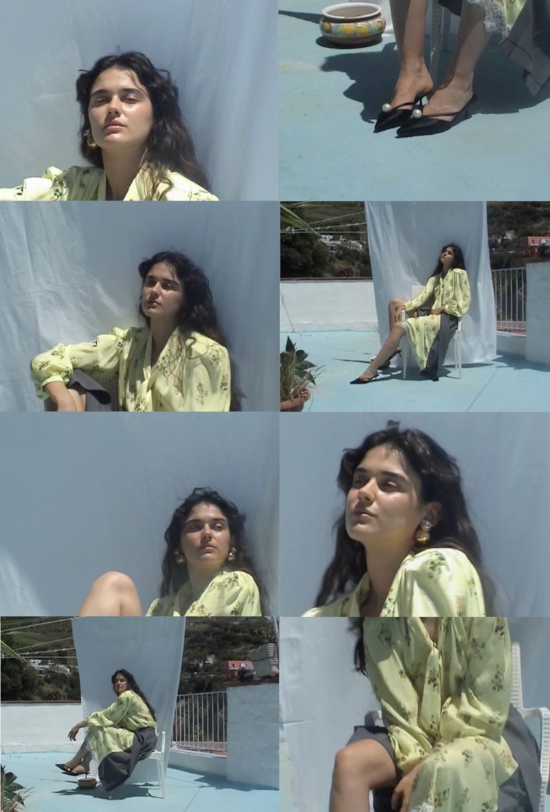 Collage of model Matilde Giannetti wearing a pale yellow floral dress and black mules on an outdoor terrace with a white sheet backdrop.