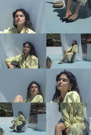 Collage of model Matilde Giannetti wearing a pale yellow floral dress and black mules on an outdoor terrace with a white sheet backdrop.